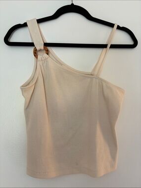 Lovefool Cream Ribbed Asymmetric Ring-Detail Tank Top